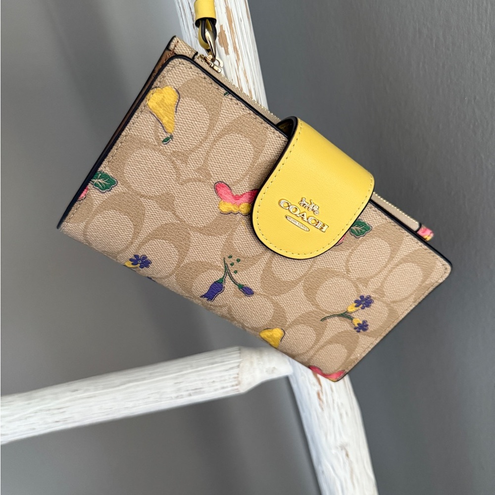 Coach Tan and Yellow Floral Wristlet